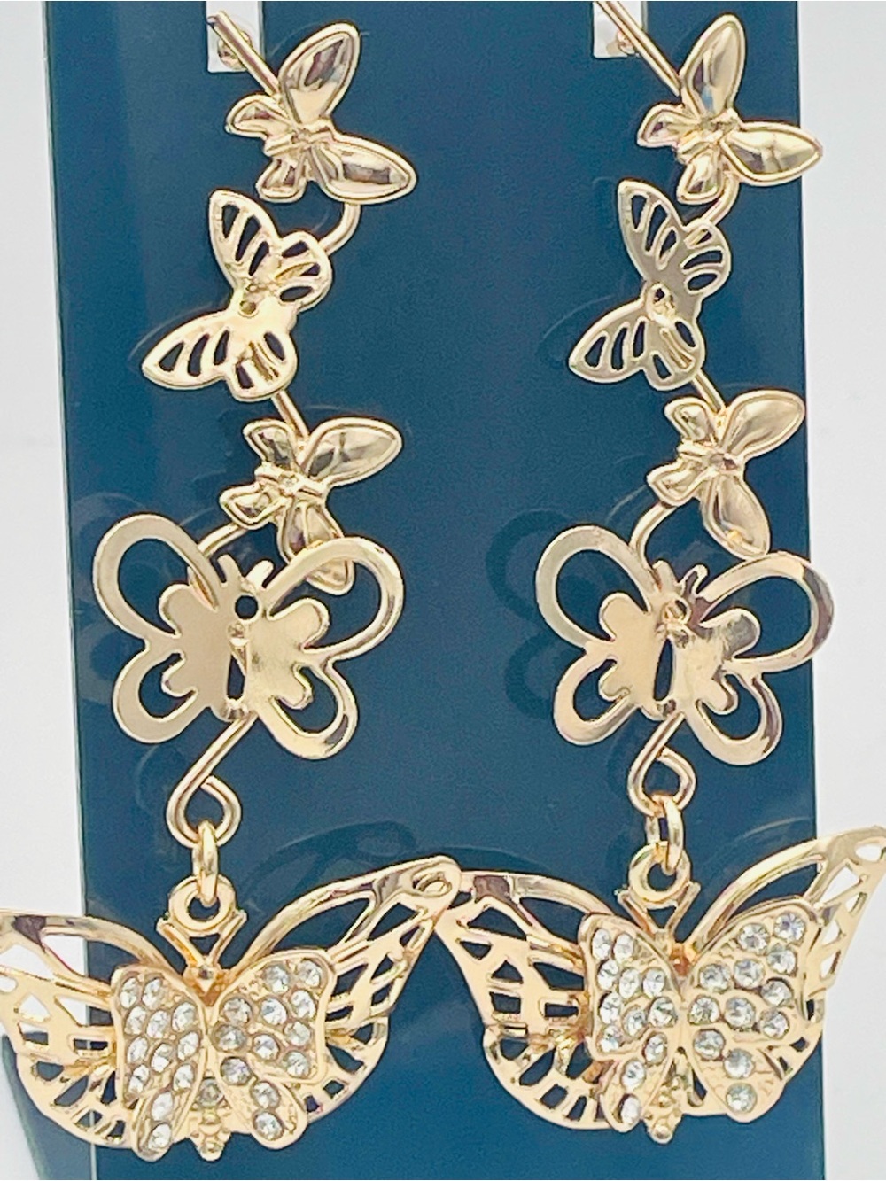 Gold Tone Multiple Butterfly Drop Dangle Earrings with Rhinestones. Pierced.